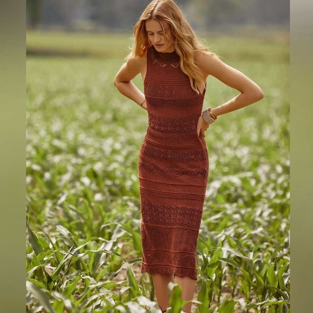 Anthropologie Crochet Midi Dress burnt orange